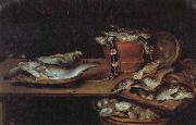 Alexander Adriaenssen Still Life with Fish,Oysters,and a Cat oil on canvas